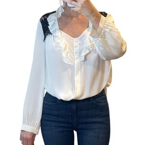 MARIA GRAZIA SEVERI White Ruffle Lace Silk Blend Blouse Top Made in Italy 44